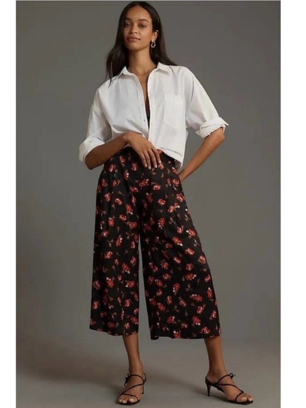 Maeve Anthropologie Floral Wide Leg Culotte Pants Black Red Rose Crop Size S